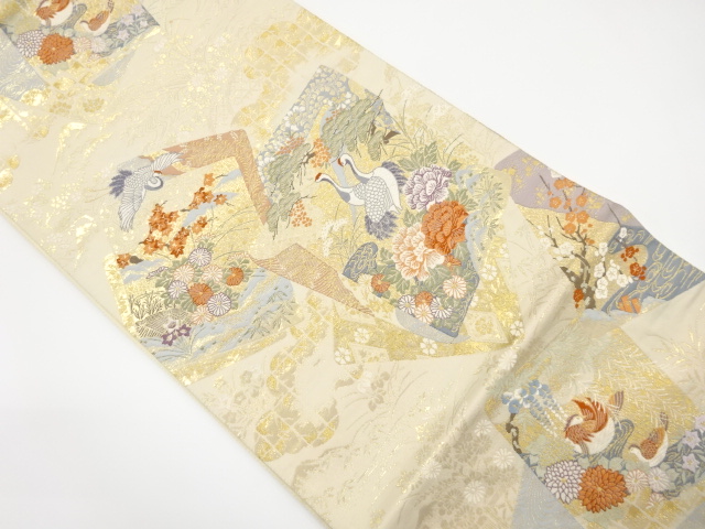 色紙に鶴・鴛鴦模様織り出し袋帯